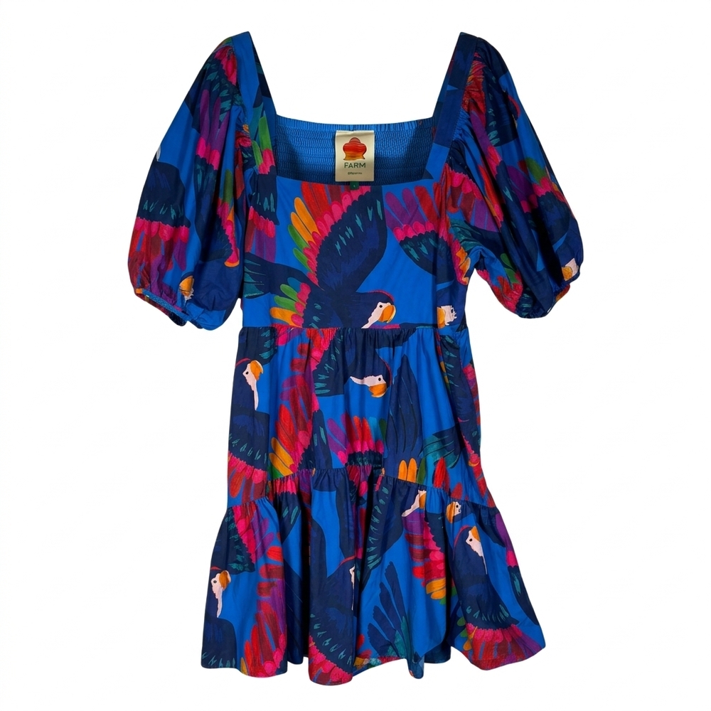 Farm Rio parrot print cotton dress with square neckline, puff sleeves, smocked b